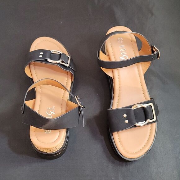 BRAND NEW ROUGE ADJUSTABLE BUCKLE DOUBLE STRAP OPEN TOE WEDGE SANDAL - Picture 11 of 16